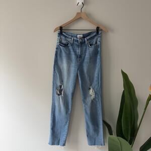 Hudson High Rise Zoeey Straight Crop Jeans raw hem distressed knees zip pockets